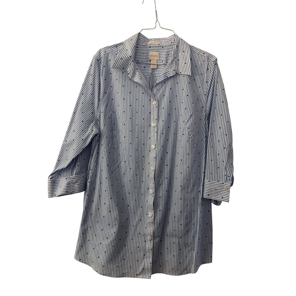 Chicos No-Iron Blue White Striped Polka Dot Button Down Shirt Size 2.5 L XL